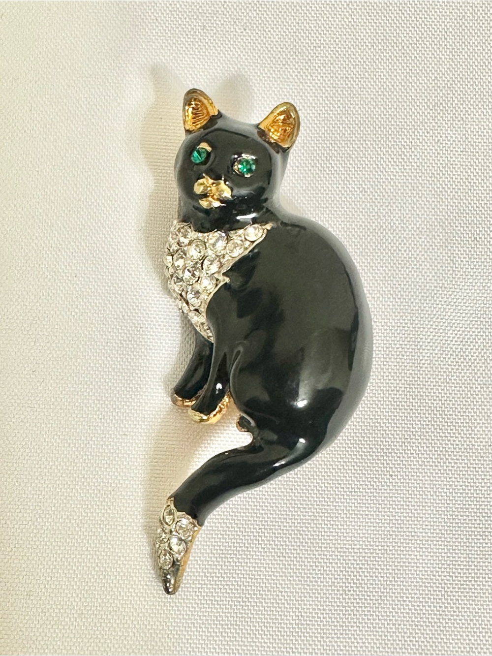 Vintage Black Enamel Cat Brooch with Crystal Accents